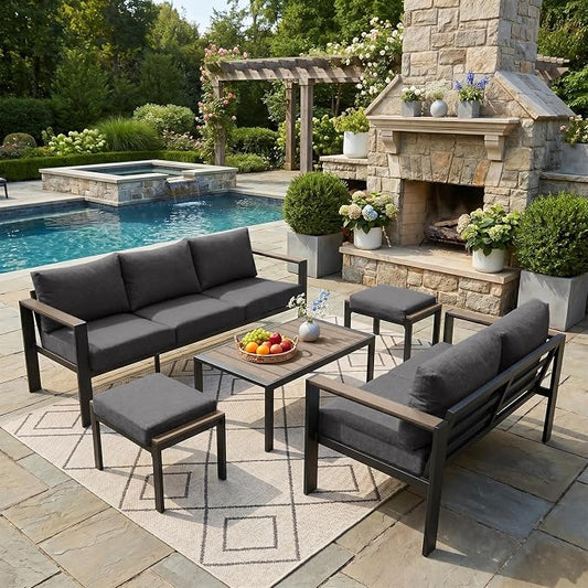Patio Furniture Set 7 Seats and Coffee Table, 5 Pieces Patio Conversation Set with Thick Cushion, Ottomans, Deluxe Aluminum Modern Outside Sectional for Porch, Balcony, Deck, Yard, Dark Gray