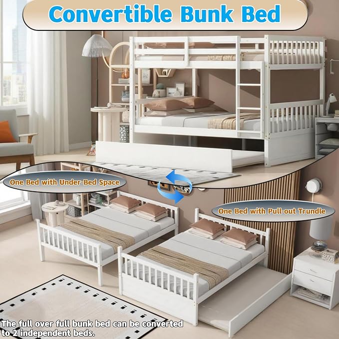 Harper & Bright Designs Convertible Wood Full-Over-Full Bunk Bed with Trundle and Ladder - Can Be Divided Into Two Platform Beds, White
