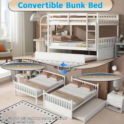 Harper & Bright Designs Convertible Wood Full-Over-Full Bunk Bed with Trundle and Ladder - Can Be Divided Into Two Platform Beds, White