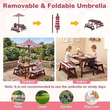 Costzon 4-in-1 Kids Picnic Table with Umbrella, Sand & Water Sensory Bins | Wooden Toddler Outdoor Table with Benches, Cushions, Cover, Gardening Tools, Kids Outdoor Furniture for Patio Backyard