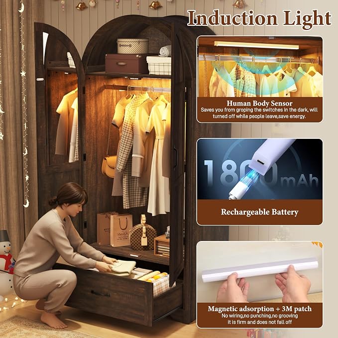 Squireewo 2 Doors Armoire Wardrobe Closet with Doors and Drawers, 71" Farmhouse Arched Wooden Wardrobe Cabinet with Mirror and Lights, Large Armoire Storage Cabinet with Shelves & Hanging Rod,Brown