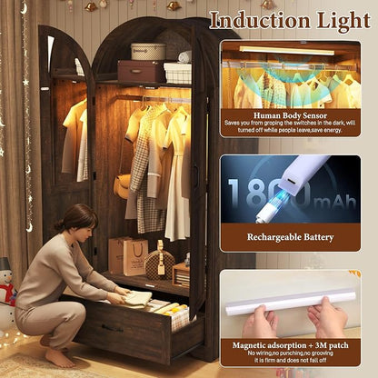 Squireewo 2 Doors Armoire Wardrobe Closet with Doors and Drawers, 71" Farmhouse Arched Wooden Wardrobe Cabinet with Mirror and Lights, Large Armoire Storage Cabinet with Shelves & Hanging Rod,Brown