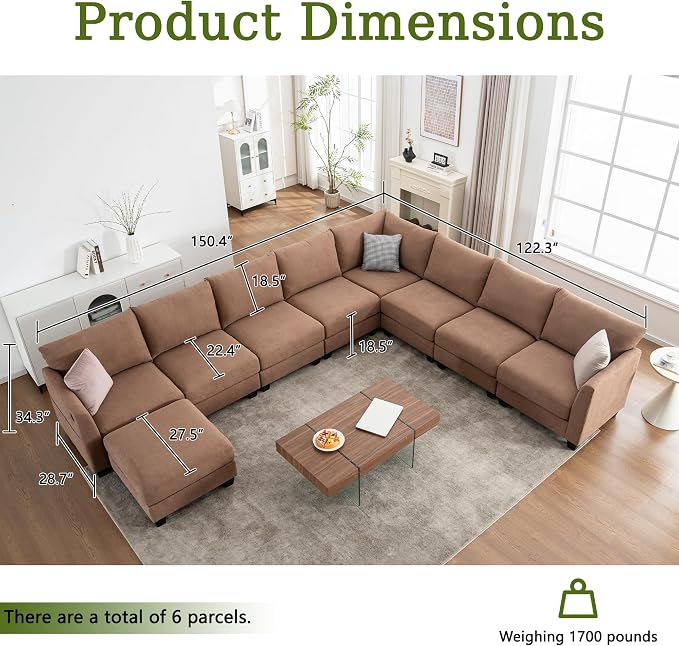 150.4" Large Sectional Couches for Living Room, 8 Seater L Shaped Modular Sectional Sofa with Storage Ottoman & USB, Oversized Corner Couch for Living Room（Brown）