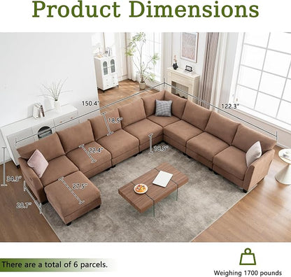 150.4" Large Sectional Couches for Living Room, 8 Seater L Shaped Modular Sectional Sofa with Storage Ottoman & USB, Oversized Corner Couch for Living Room（Brown）