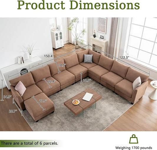 150.4" Large Sectional Couches for Living Room, 8 Seater L Shaped Modular Sectional Sofa with Storage Ottoman & USB, Oversized Corner Couch for Living Room（Brown）