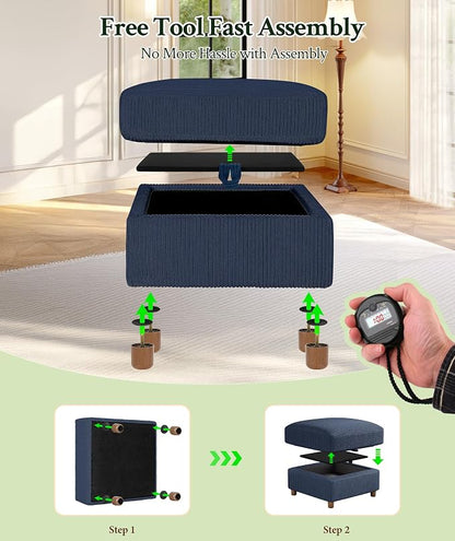 Welzona 25.2" Couches for Living Room, Comfy Blue Ottoman with Storage, Foot Rest Tool-Free Setup, Small Ottoman Foot Rest for Couch, Corduroy Couch for Bedroom, Apartment, Office