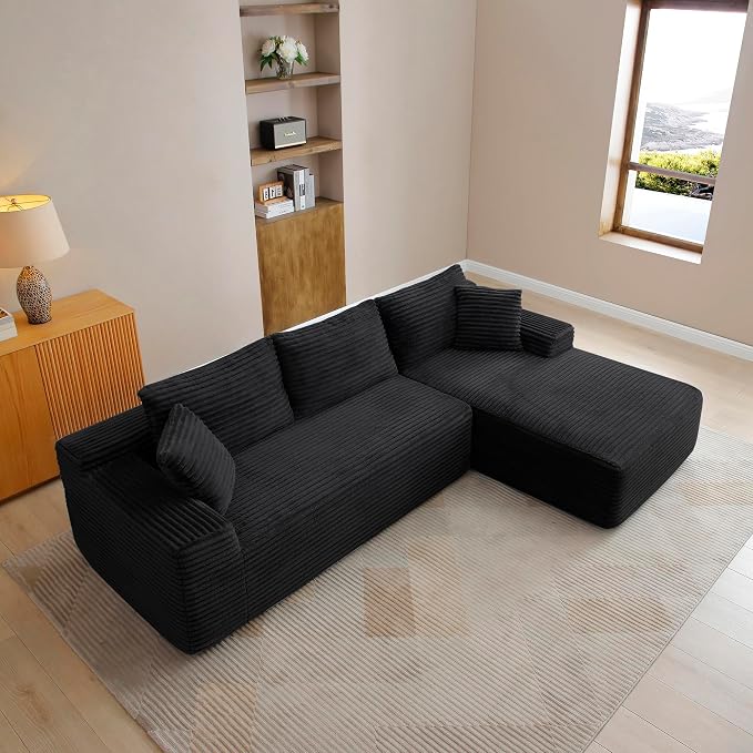 105-Inch L-Shaped Right Facing Corner Compressed Sofa Modular Sectional Boneless Cloud Sofa Floor Foam Couch with Chaise Lounge, Corduroy Corner Boneless Cloud Couch