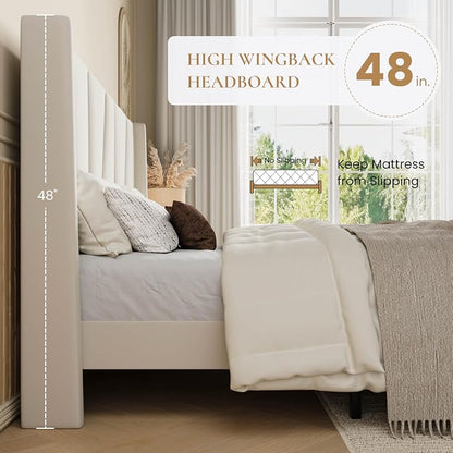 SHA CERLIN Queen Size Velvet Bed Frame with Geometric Wingback Headboard, Upholstered Platform Bed with Wooden Slats Support, 8" Under-Bed Space, No Box Spring Needed, Easy Assembly, Cream