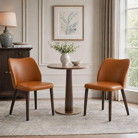 COLAMY Dining Chairs Set of 2, Upholstered Leather Kitchen Chairs with Curved Back, Padded Seat and Solid Wood Legs, Modern Dining Chair for Kitchen Dining Room, Light Brown