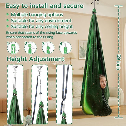 Sensory Swing for Kids Indoor & Outdoor Double Layer Therapy Cuddle Hammock Chair with 360 Swivel Hanger Kit Adjustable Swing for Child and Adult with Aspergers Autism ADHD (Aurora Green)