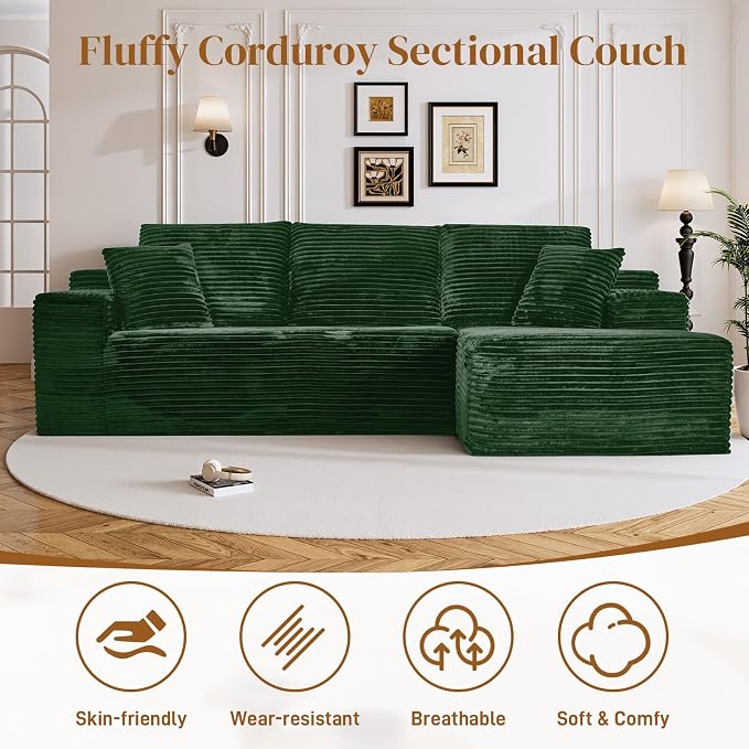 108" L Shaped Boneless Sectional Couches for Living Room, Comfy Corduroy Floor Cloud Sofa with Chaise, Wide Armrest, Deep Seat, Memory Foam, Assembly Free, Ideal for Small Spaces, Green