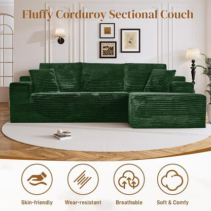 108" L Shaped Boneless Sectional Couches for Living Room, Comfy Corduroy Floor Cloud Sofa with Chaise, Wide Armrest, Deep Seat, Memory Foam, Assembly Free, Ideal for Small Spaces, Green
