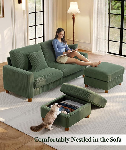 Welzona 70.2" Couches for living room, Comfy U Shaped Couch Green 7.1" Thicker Cushion, Sofas for Living Room Tool-Free Setup, Loveseat with Ottoman 7058lbs Support, Corduroy Couch for Bedroom, Office