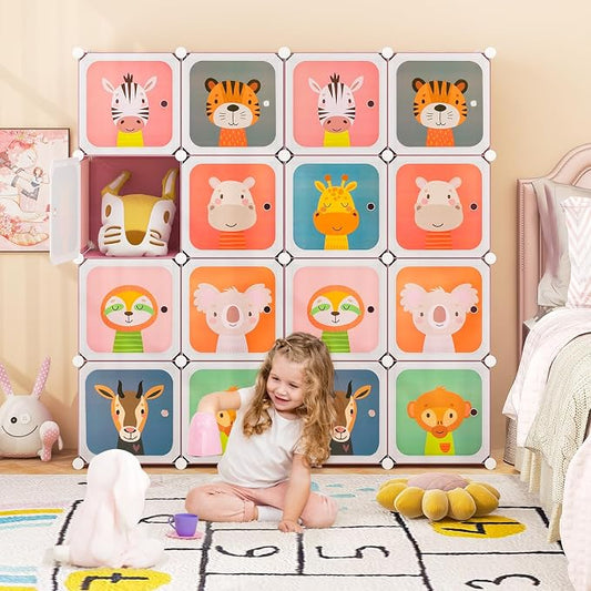 HONEY JOY Kids Wardrobe Closet, Baby Cartoon Clothes Storage Organizer, 8 Cubes & 2 Hanging Sections, Portable Children DIY Modular Bedroom Armoire Dresser Cabinet for Boys Girls (Pink, 8-Cube)