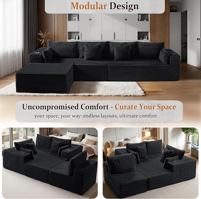 138" Oversized Cloud Sectional Couch, Comfort L Shaped Boneless Couch for Living Room, Extra Deep Seats No Assembly, Minimalist Modular Sofa, Corduroy (Black, 3 Seater+Left Facing Chaise)