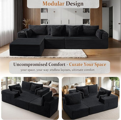 138" Oversized Cloud Sectional Couch, Comfort L Shaped Boneless Couch for Living Room, Extra Deep Seats No Assembly, Minimalist Modular Sofa, Corduroy (Black, 3 Seater+Left Facing Chaise)
