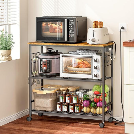 3 Tier Rolling Kitchen Microwave Cart with Power Outlet, 33 Inch Microwave Table Stand with Adjustable Shelf, Kitchen Storage Island Utility Cart Bakers Rack Coffee Bar for Living Room, Office
