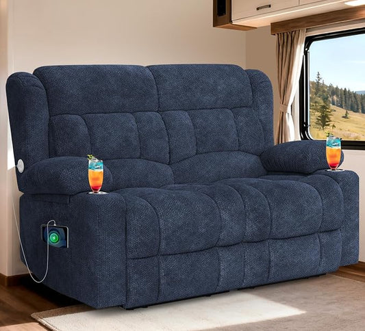 RV Loveseat Recliner Sofa, Reclining Loveseat Home Theater Seating with USB Ports, Cup Holders, Insert Pockets, Wall Hugger RV Recliners for Movie Room, Recline Movie Seats Gaming Sofa, Blue