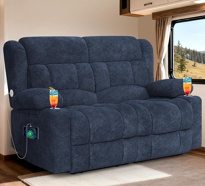 RV Loveseat Recliner Sofa, Reclining Loveseat Home Theater Seating with USB Ports, Cup Holders, Insert Pockets, Wall Hugger RV Recliners for Movie Room, Recline Movie Seats Gaming Sofa, Blue
