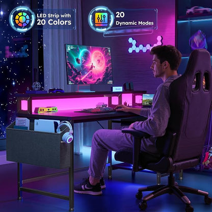 DurayLoly 48" Gaming Desk with RGB Lights & Power Outlets for Teens | Wireless Remote Full-Color Strip, Various Lighting Modes, Level Up Teens Gaming Vibe or Study for Protect Eyes In Bedroom
