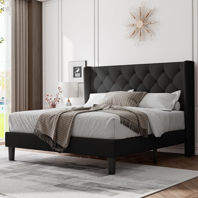 Feonase Queen Bed Frame with Upholstered Wingback Headboard, Platform Bed and Heavy Duty Wooden Slats Support, Easy Assembly, Noise-Free, No Box Spring Needed, Black