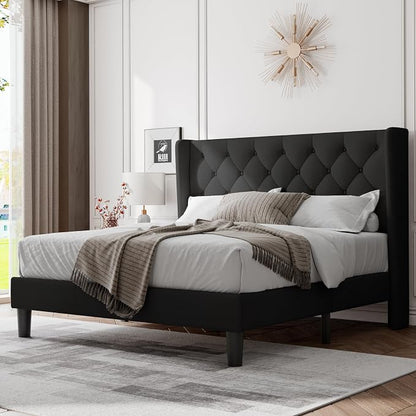 Feonase Queen Bed Frame with Upholstered Wingback Headboard, Platform Bed and Heavy Duty Wooden Slats Support, Easy Assembly, Noise-Free, No Box Spring Needed, Black