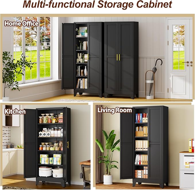 71" Black Metal Storage Cabinet with 2 Doors and 4 Adjustable Shelves,Steel Garage Tool Cabinet, File Cabinet,Kitchen Pantry Cabinet for Home,Office,Garage,School,Warehouse