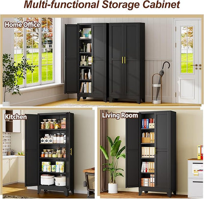 71" Black Metal Storage Cabinet with 2 Doors and 4 Adjustable Shelves,Steel Garage Tool Cabinet, File Cabinet,Kitchen Pantry Cabinet for Home,Office,Garage,School,Warehouse