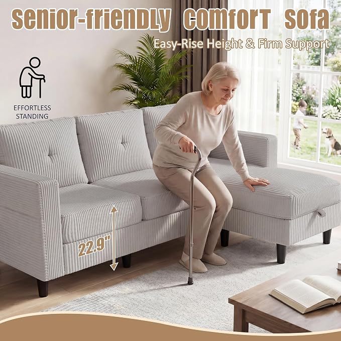 Convertible Sectional Sofa with Storage Ottoman, 77” L-Shaped 3-Seat Couch with Skin-Friendly Corduroy Fabric, Reversible Small Sectional for Small Space, Apartment, Living Room and Office (Grey)
