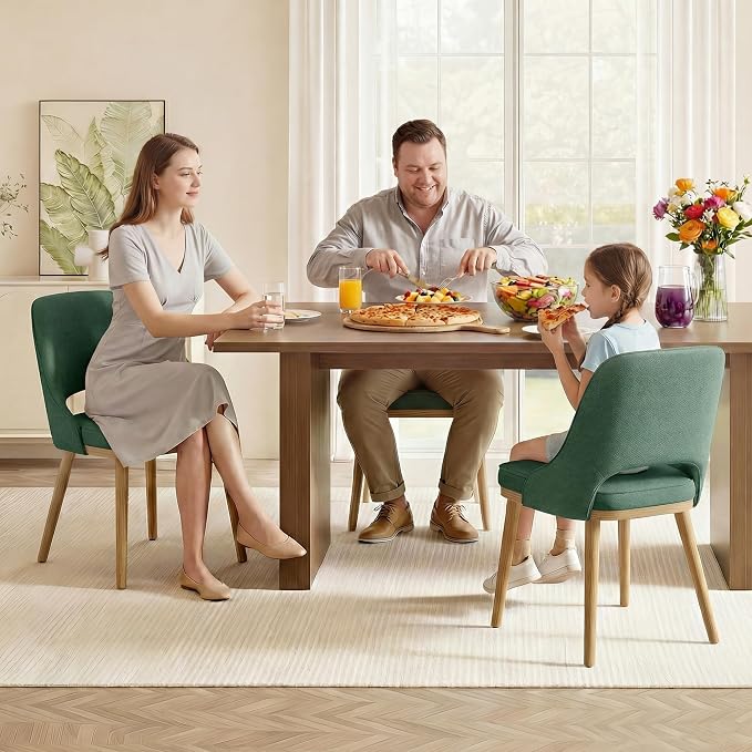 Modern Upholstered Dining Chairs Set of 6, Open Back with Solid Wood Legs, Ergonomic Curved Back Fabric Kitchen Chairs for Dining Room & Kitchen, Living Room Side Chairs, Farmhouse, Green