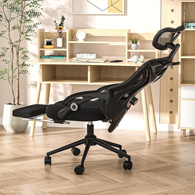 CYKOV Ergonomic Office Chair with Footrest - Adjustable Lumbar Support & Headrest, 90-135° Reclining Mesh Back Computer Chair - Home Office/Gaming, 350lbs Capacity