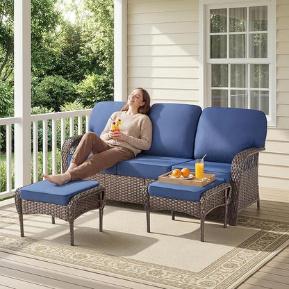Belord Luxury Patio Furniture Set with 5-inch Thick Cushion, Outdoor Couch and High Back Swivel Rocker Patio Chairs, 6PCS Wicker Conversation Set for Deck Yard and Poolside,Blue