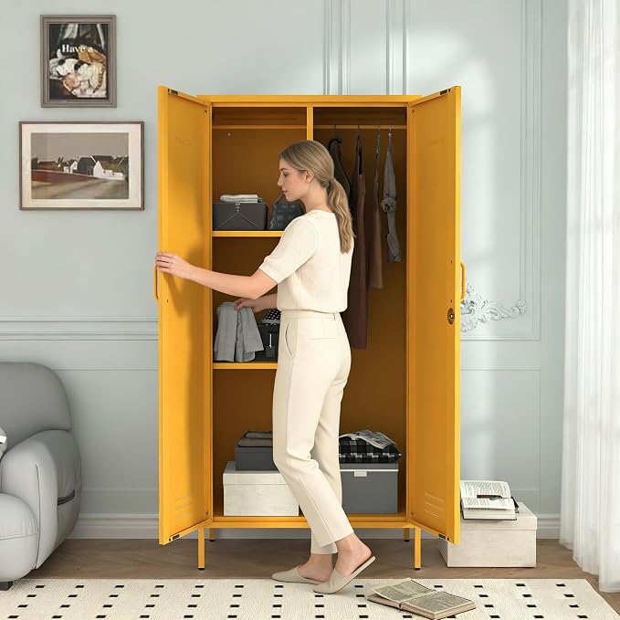 Industrial 67" Yellow Lockable Metal 2-Door Storage Cabinet, Multi-Purpose Wardrobe with Hanging Rod & Adjustable Shelves, Heavy Duty for Bedroom, Garage, Home Office 67"H X 31.5"W X 18.1"D