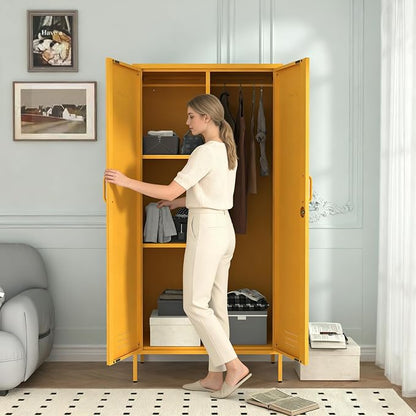 Industrial 67" Yellow Lockable Metal 2-Door Storage Cabinet, Multi-Purpose Wardrobe with Hanging Rod & Adjustable Shelves, Heavy Duty for Bedroom, Garage, Home Office 67"H X 31.5"W X 18.1"D