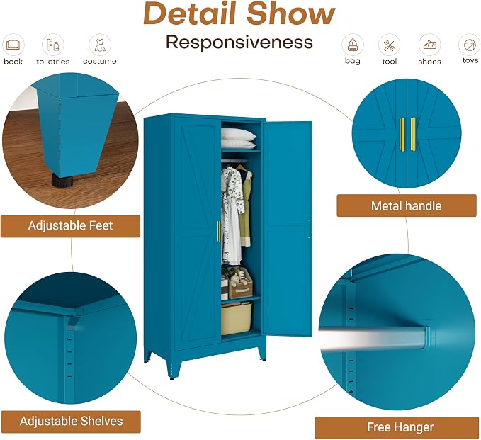 71" H Wardrobe Closet with Doors, Metal Wardrobe Cabinet with 2 Doors and 2 Adjustable Shelves, Armoire Wardrobes Closet with Hanging Rod, Closets for Bedroom, Laundry Room, Blue