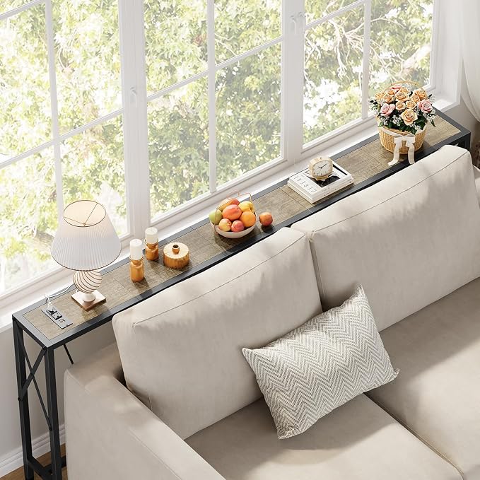 Gewudraw 70" Sofa Tables Narrow Long, Behind Couch Table with Oulets & USB Ports, Industrial Long Skinny Stand for Entryway,Hallway, Living Room, Bedroom 7.9" D x 70" W x 30.3" H