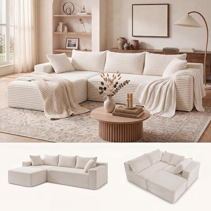 Claiks 94" Boneless Couch, Cloud Couch Sectional, L-Shape Corduroy Modular Sectional Sofa Deep Seat, Upholstered Couches for Living Room, No Assembly Required, Beige