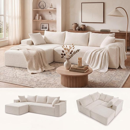 Claiks 94" Boneless Couch, Cloud Couch Sectional, L-Shape Corduroy Modular Sectional Sofa Deep Seat, Upholstered Couches for Living Room, No Assembly Required, Beige