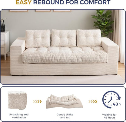 MAXYOYO Oversized Loveseat Sofa Couch, Upholstered Bean Bag Chair Cloud 3-Seat for Adults, Boneless Couch with Tufted Cushion & Pillows, Sofa in A Box, No Assembly Required, Beige