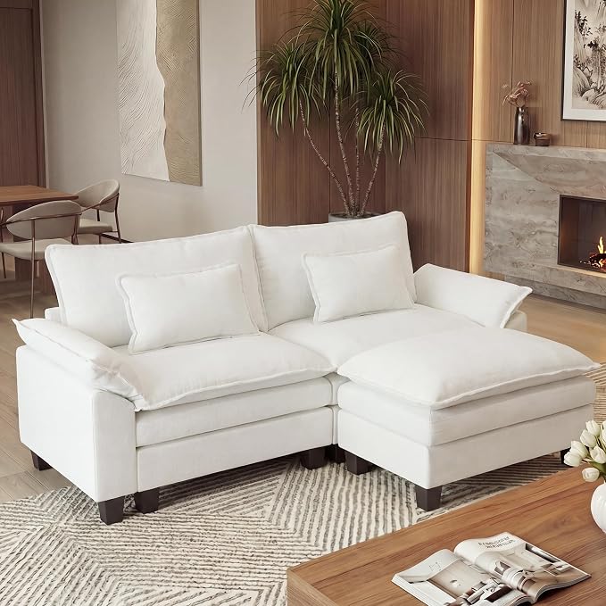URRED Oversized Modular Sectional Sofa, 87" L Shaped Modern Comfy Cloud Couch with Movable Ottoman & Pillows, Deep Seat Couches for Living Room, Bedroom or Apartment (Chenille Beige, 87" L Shaped)