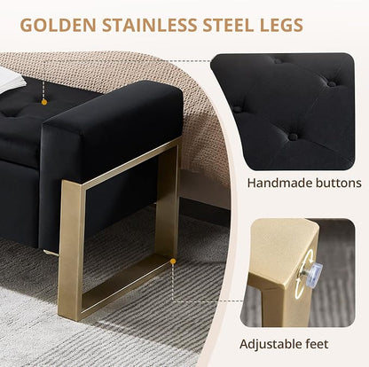 End of Bed Storage Bench, 67'' Benches for Bedroom Foot of Bed King Size, Upholstered Velvet Tufted Storage Ottoman Bench with Gold Legs for Window Living Room Entryway, Black