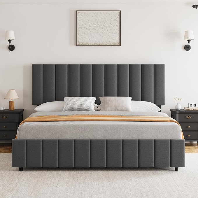 IDEALHOUSE Queen Upholstered Bed Frame with 4 Storage Drawers, Adjustable Headboard and Wooden Slats Support, No Box Spring Needed, Grey
