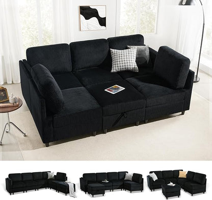 KKL Modular Sectional Sofa Bed - Sofa Couch with Storage Ottoman, Convertible L/U-Shaped Sleeper Couch for Living Room, Modern Reversible Design, Black