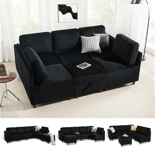 KKL Modular Sectional Sofa Bed - Sofa Couch with Storage Ottoman, Convertible L/U-Shaped Sleeper Couch for Living Room, Modern Reversible Design, Black