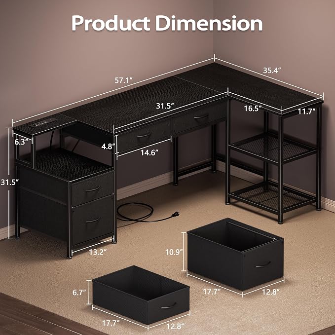 Korfile 57 Inch L Shaped Computer Desk with Power Outlets, Reversible Home Office Desk with 4 Fabric Drawers & 2 Adjustable Mesh Shelves, Corner Study Work Desk with Larger Storage, Black