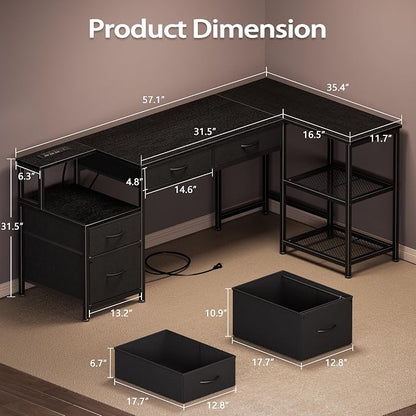 Korfile 57 Inch L Shaped Computer Desk with Power Outlets, Reversible Home Office Desk with 4 Fabric Drawers & 2 Adjustable Mesh Shelves, Corner Study Work Desk with Larger Storage, Black