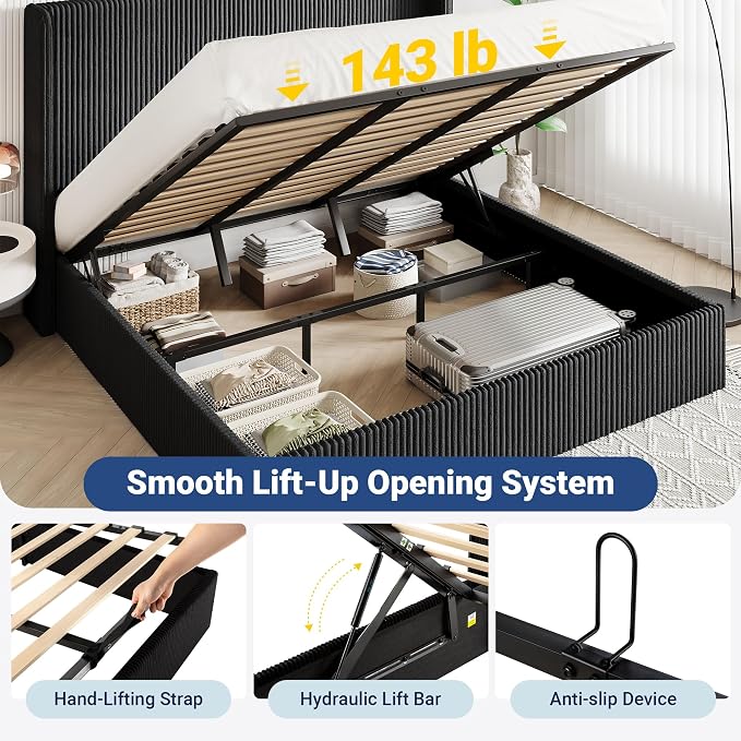 Allewie King Lift-Up Storage Bed Frame with Modern Wingback Headboard, Corduroy Upholstered Platform Bed, Hydraulic Gas Lift Support, Underbed Storage, Wooden Slats, No Box Spring Needed, Black