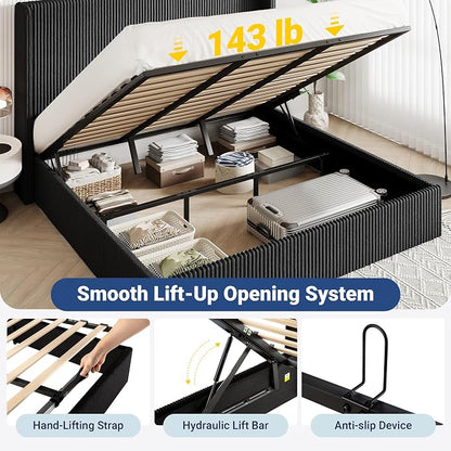 Allewie King Lift-Up Storage Bed Frame with Modern Wingback Headboard, Corduroy Upholstered Platform Bed, Hydraulic Gas Lift Support, Underbed Storage, Wooden Slats, No Box Spring Needed, Black