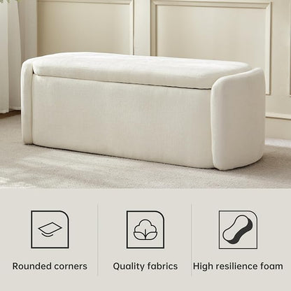 VKNOW 46" Oval Storage Ottoman Bench, Upholstered End of Bed Bench Ottomans Bench Foot Rest, Sherpa Storage Bench for Bedroom, Living Room and Hallway, Beige