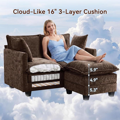 L-Shape Loveseat Sofa Couch with Ottoman, Small 50" Love Seat 27" Deep Cloud Sofa Washable Chenille Pillow for Apartment Bedroom Dorm Attic Studio Office Living Room Small Space 8833-BROWN-L